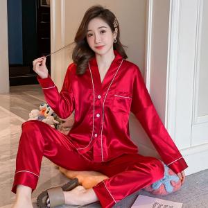 Quality Spring Long Sleeve V Neck Satin Pajama , Cardigan Solid Color Casual Ice Silk Set for sale