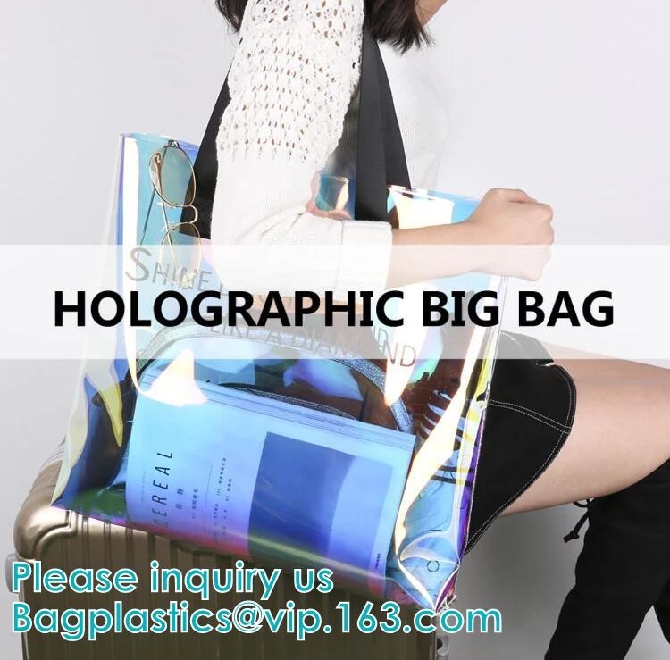 Quality Neon Rainbow Hologram PVC Tote Bag custom holographic handbag PVC handle beach bag,Cosmetic Makeup Travel Pouch,Zipper for sale