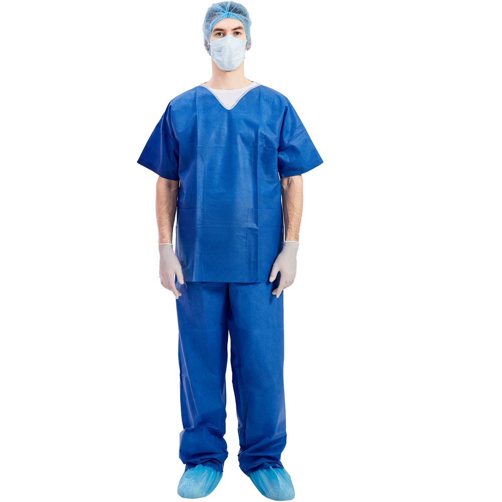 Quality Medical Disposable Scrub Suits Non Woven Fabric V Collar Short Sleeve for sale