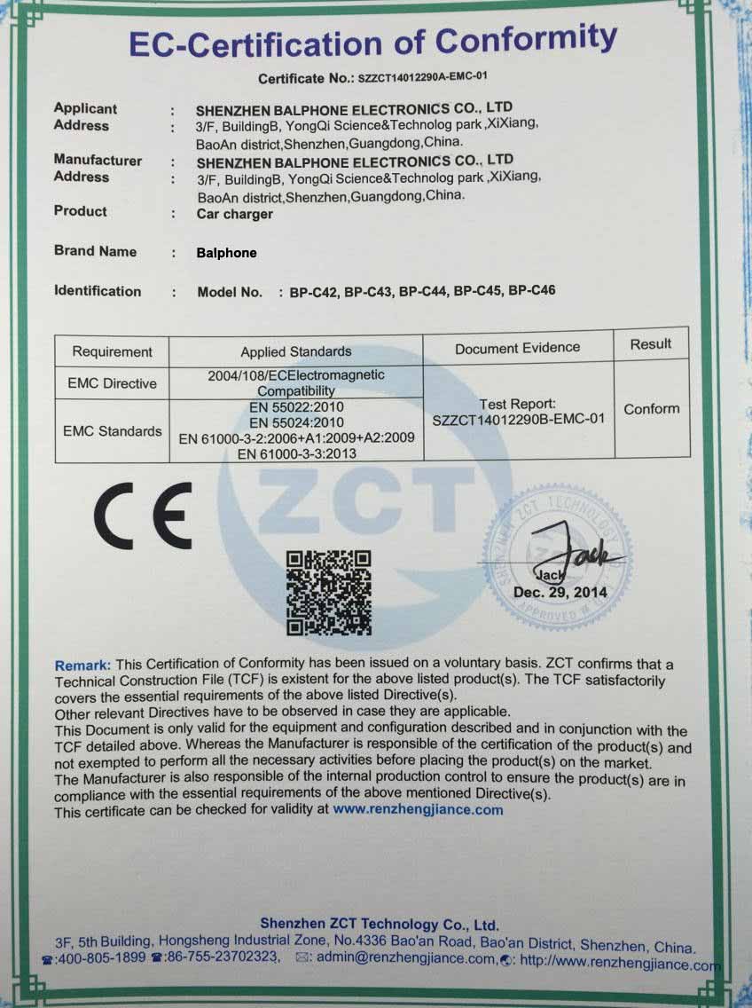 shenzhen Balphone Electronics Co.,Ltd Certifications