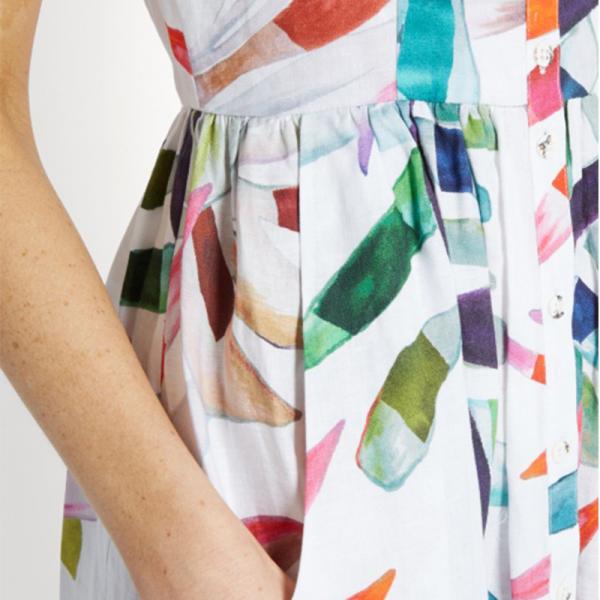 2018 New Style Women White-Print Button-Down Simple Cheap Linen Midi Dress