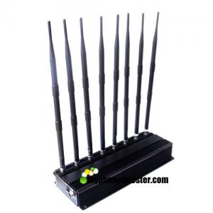 Quality AC100-240V 8 Antennas 20w Adjustable Mobile Phone Signal Jammer Lojack/WiFi/VHF/UHF Jammer Up To 40m Jamming Range for sale