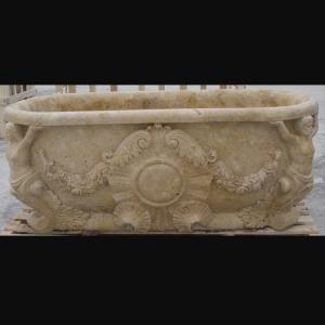 Quality Hotel Deocration Beige travertine bathtub with figure statue carving for bathroom,china sculpture supplier for sale