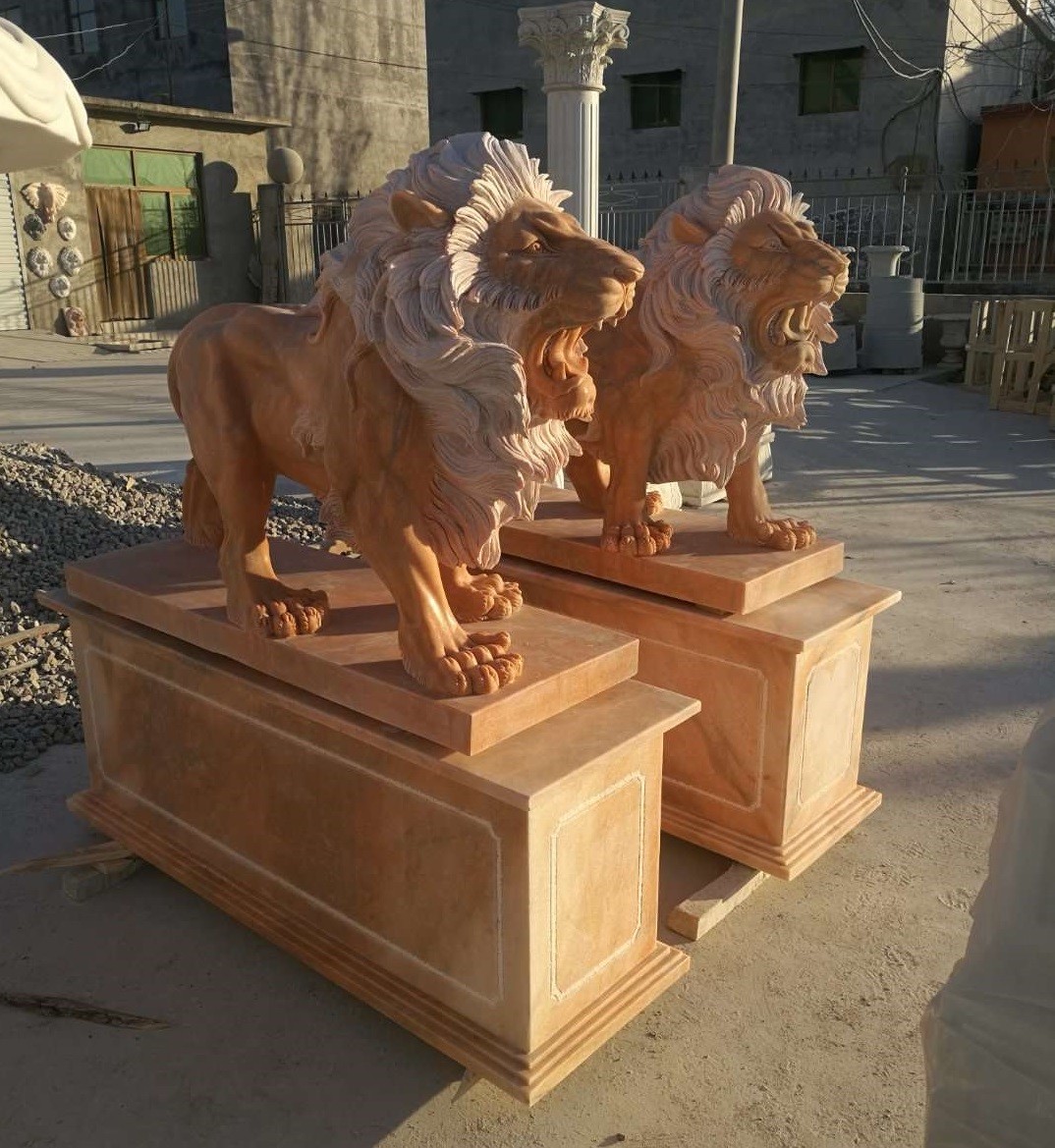 Quality Garden decoration Stone walking lions pink marble animal sculpture,stone carving supplier for sale