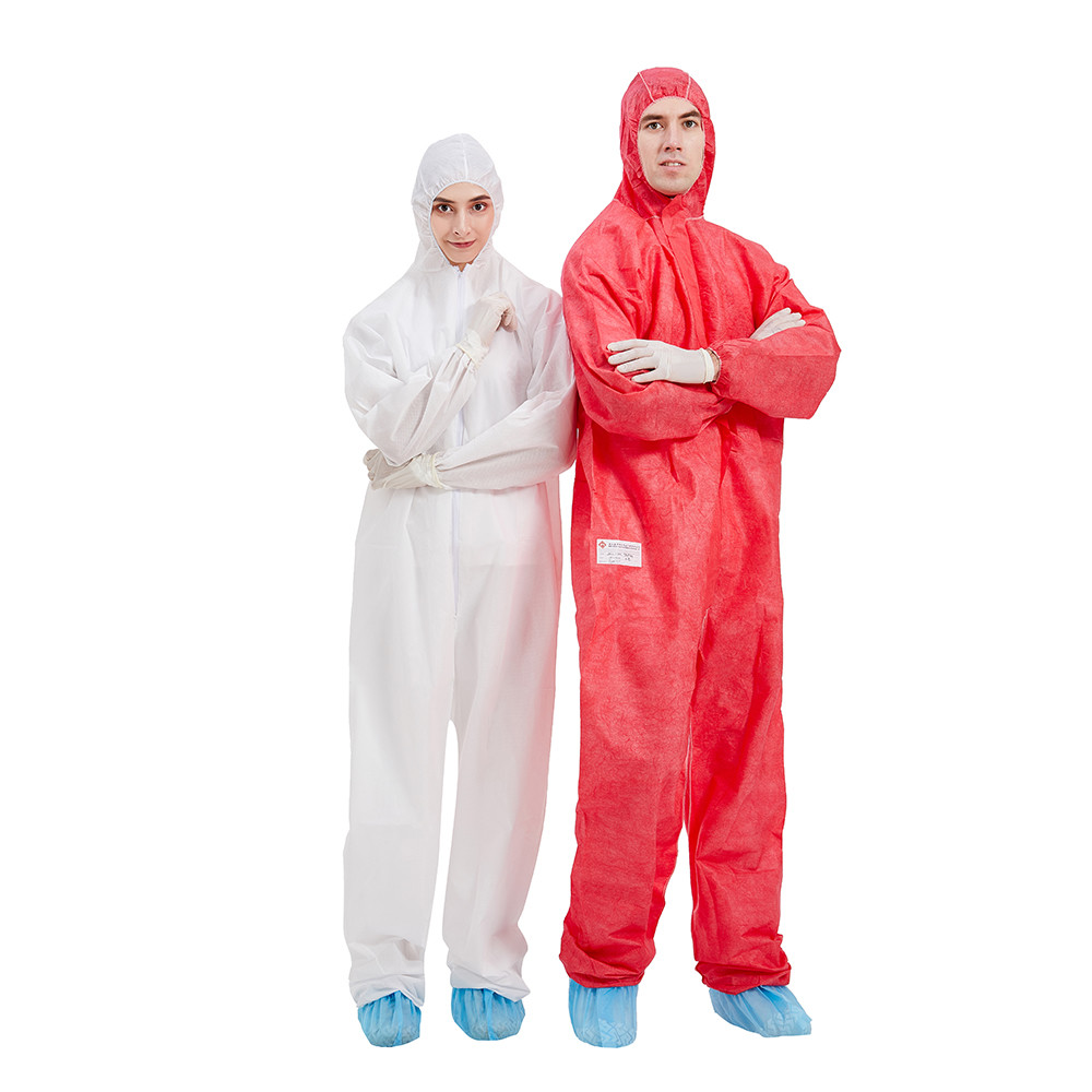 Quality Type 5 6 Disposable Protective Coveralls With FDA CE ISO13485 White Red 50g 40g SMS for sale