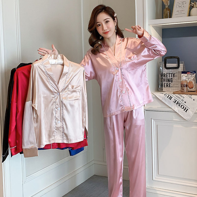 Quality Spring New Long Sleeve V-Neck Cardigan Solid Color Casual Ice Silk Set Pajama Satin for sale