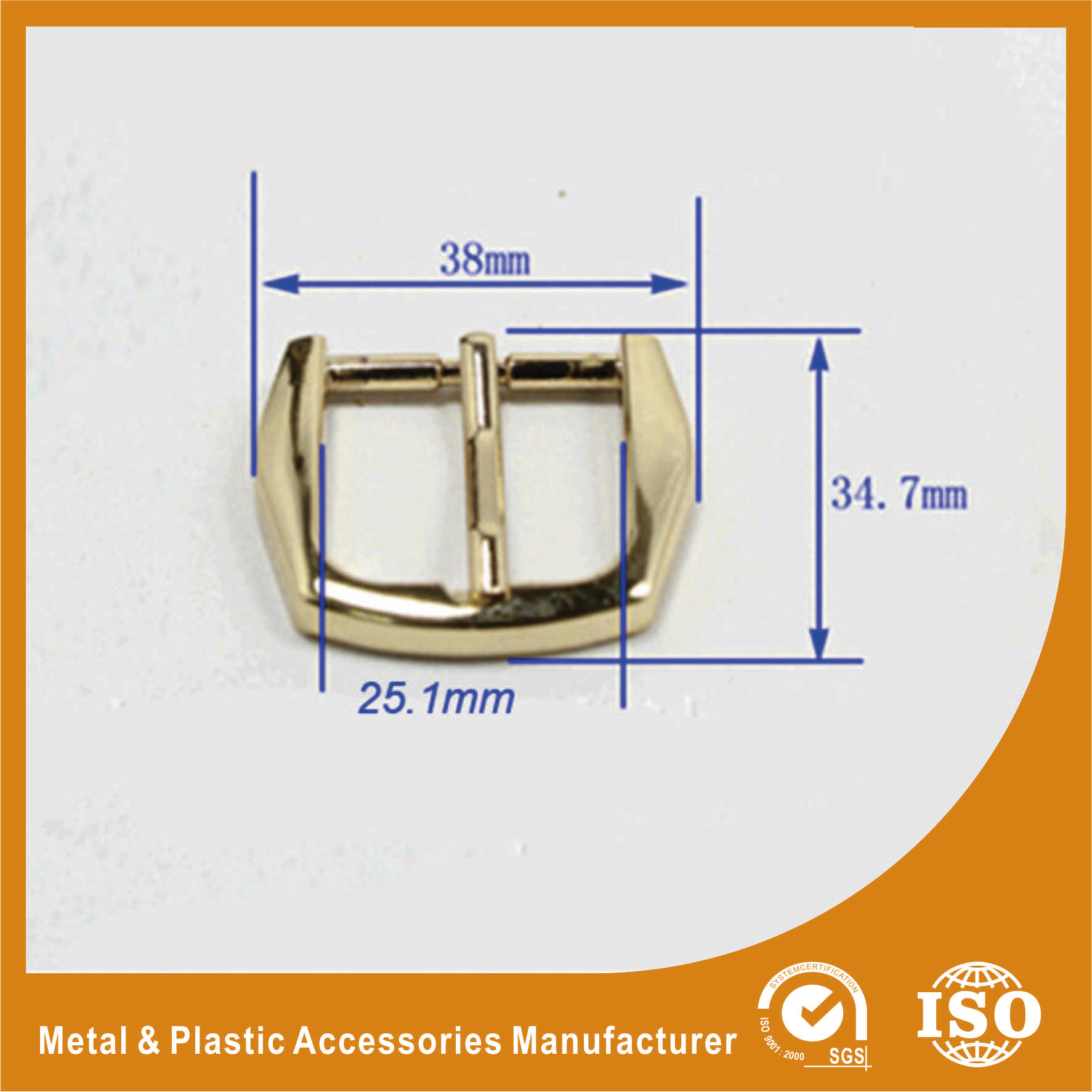 Quality Gold Metal Pin Buckle 25X34.7X38MM OEM Fashion Handbag Buckle Zinc Material for sale