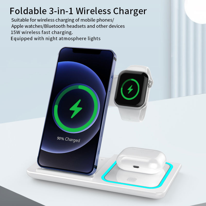Quality 3 In 1 15W Folding Wireless Charger Double Coil Atmosphere Lamp for sale