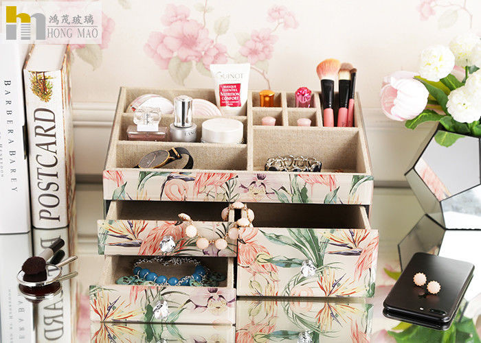 Quality Bedroom Desk Storage Box Organizer , Glass & MDF Makeup Organiser Box for sale