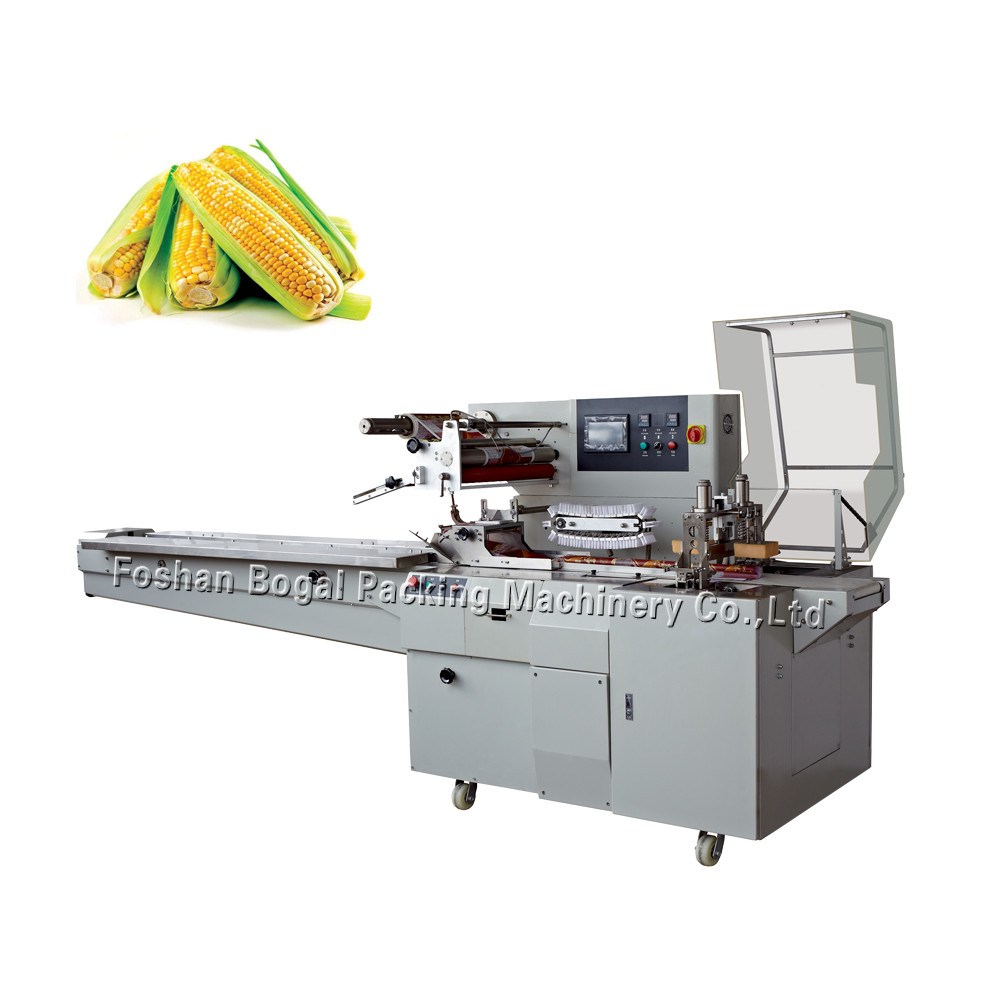 Quality Air Filling Box Motion Flow Wrapper / Automatic Feeder Sweet Corn Packing Machine for sale