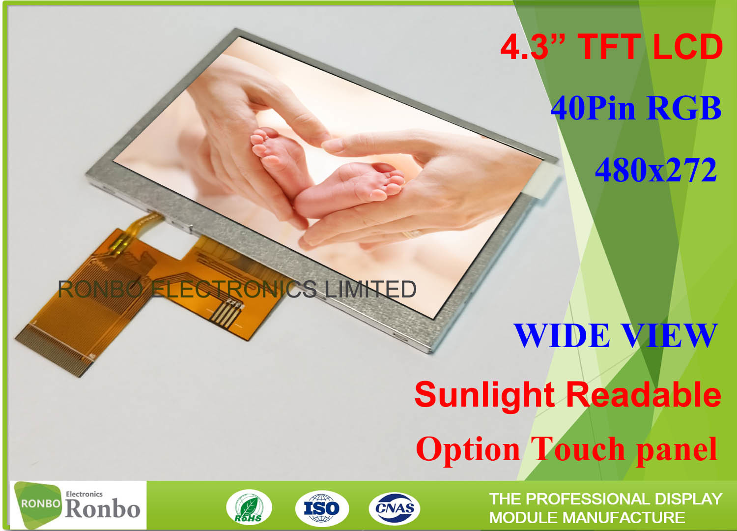 4.3 Inch Touch Screen High Brightness TFT Display 1000Cd / M² 480 X 272 Resolution