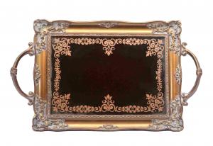 Handcrafted Small Mirrored Vanity Tray With Branch Handle Scrolling Designs