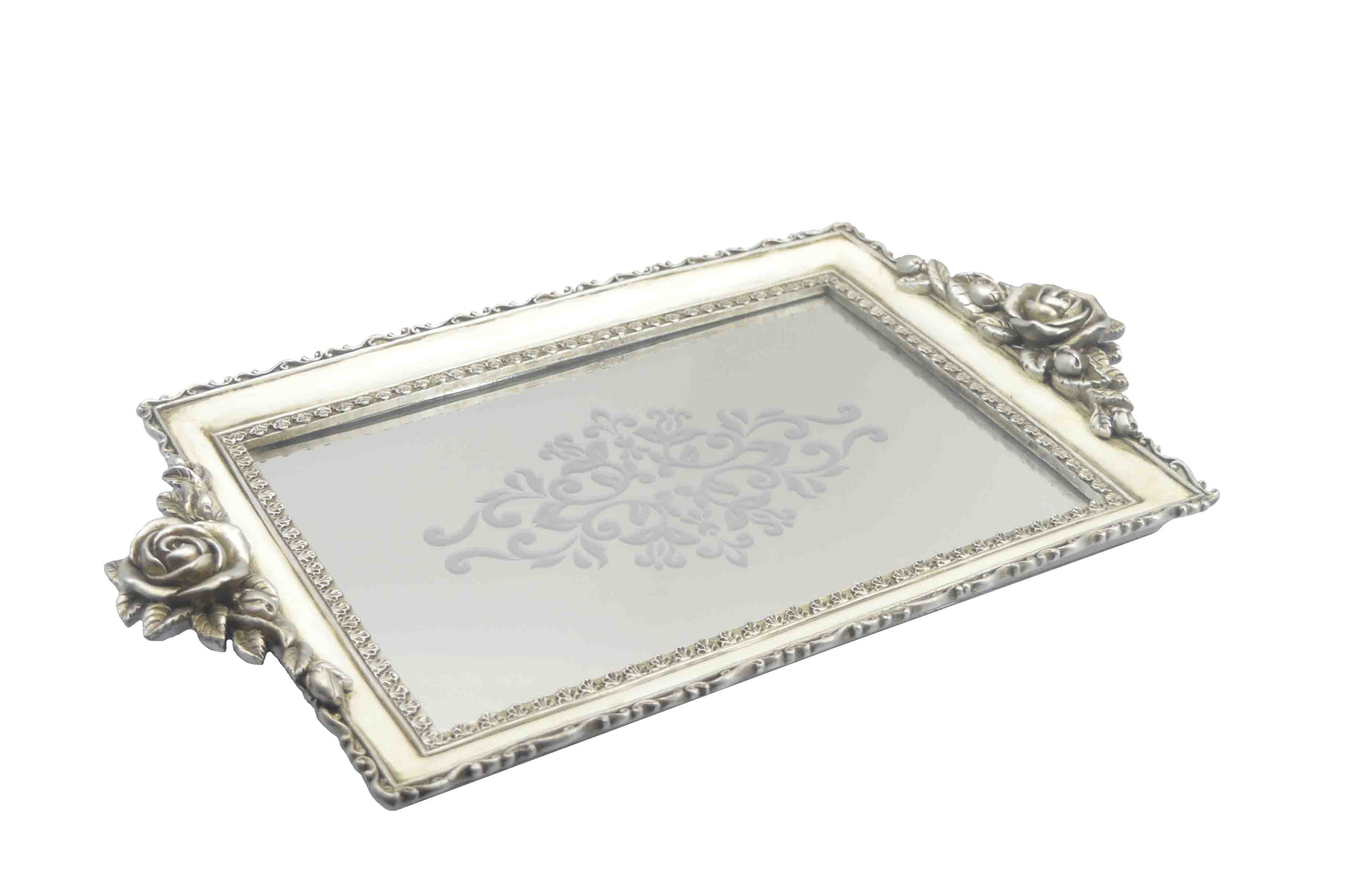 Rose Rectangle Resin Mirrored Vanity Tray For Display Beautiful Jewelry