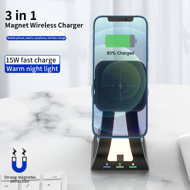 Quality Phone Watch 3 In 1 Wireless Charger 20W / 15W Fast Magnetic With Dimmable LED Light for sale