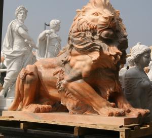 Quality Nature Stone carving lions statue pink marble animal sculpture,stone carving supplier for sale