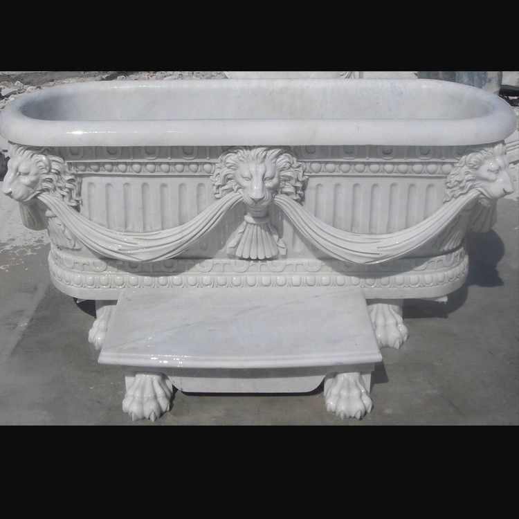 Quality Home deocration white marble bathtub with lion head carving for bathroom,china sculpture supplier for sale