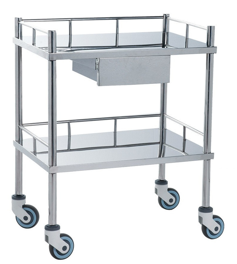 Quality Movable Medical Clinical Trolley Stainless Steel With Two Shelves And One Drawer for sale