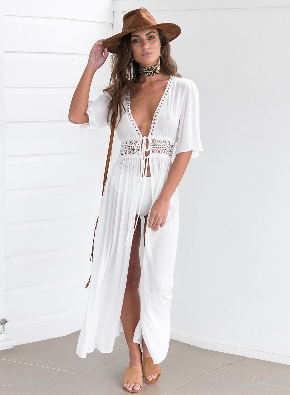 Quality Wholesale Solid Color White Deep V Neck Half Sleeve Beach Cover Up Sexy Maxi Dress Beach Tunic With Slit for sale