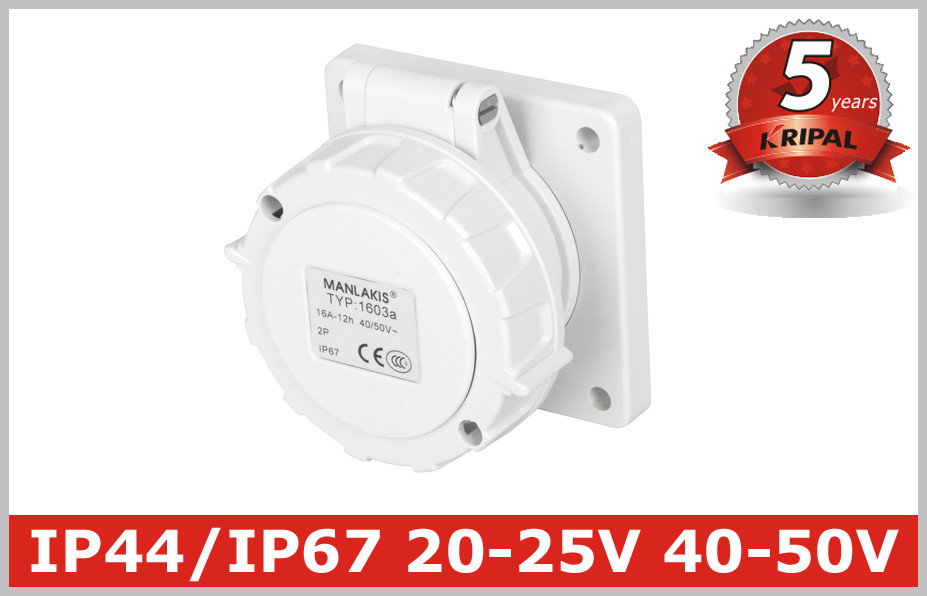 Quality IP67 Low-voltage Industrial Power panel mounted Socket 2P, 2P+E , 20V-25V,40V-50V, 16A,32A 5 Years Warranty for sale