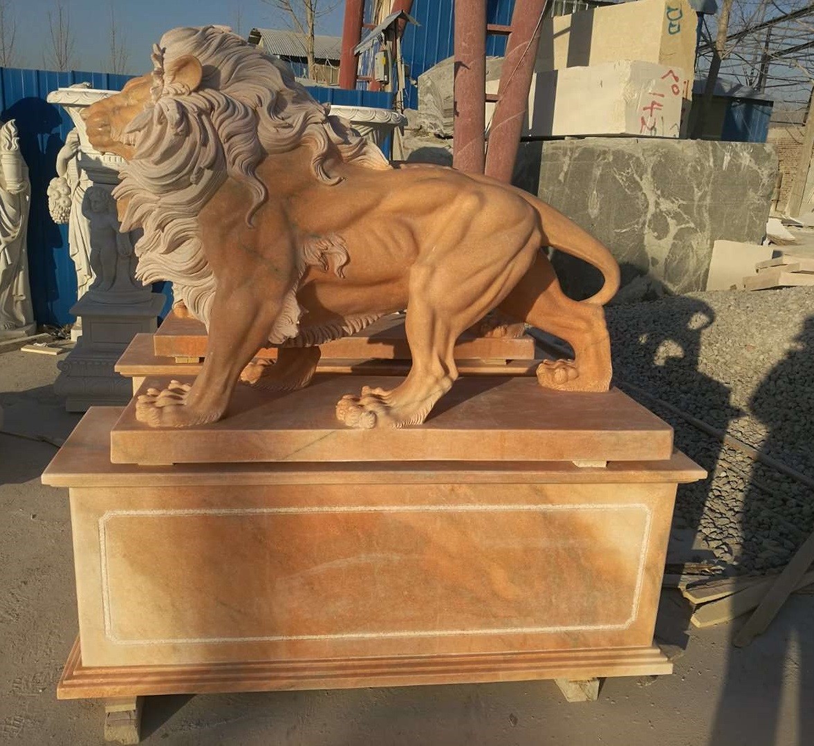 Quality Garden decoration Nature Stone walking lions statue pink marble animal sculpture,stone carving supplier for sale