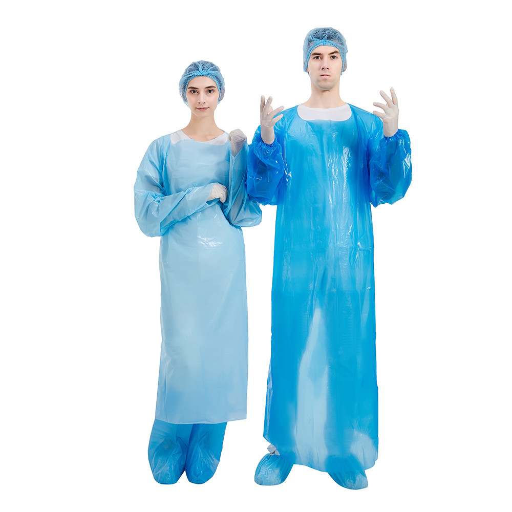 Quality Plastic Disposable CPE Gown Blue Waterproof With Rubber Cuffs for sale