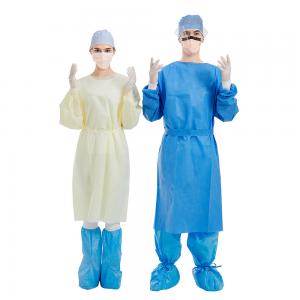Quality 50g Blue Disposable Hospital Surgical Gowns , Level 2 Yellow SMMS Waterproof Isolation Surgical Gown for sale
