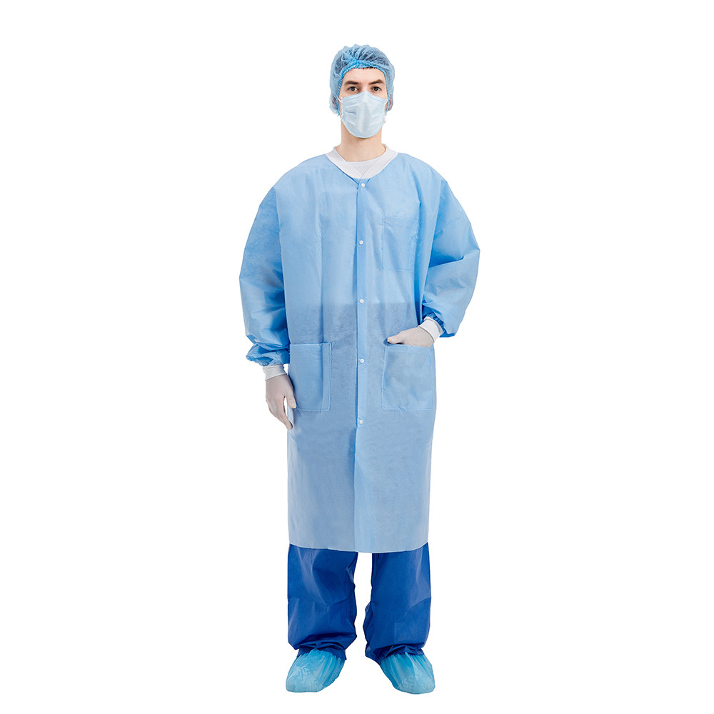 Quality 25gsm-55gsm Blue Disposable Lab Coats SMS PP SPP Non Woven Knitted Cuffs for sale