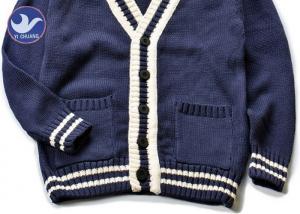 Quality Cotton Stripes Collar Boys Navy Blue Cardigan Sweater , Boys Knitted Cardigan for sale