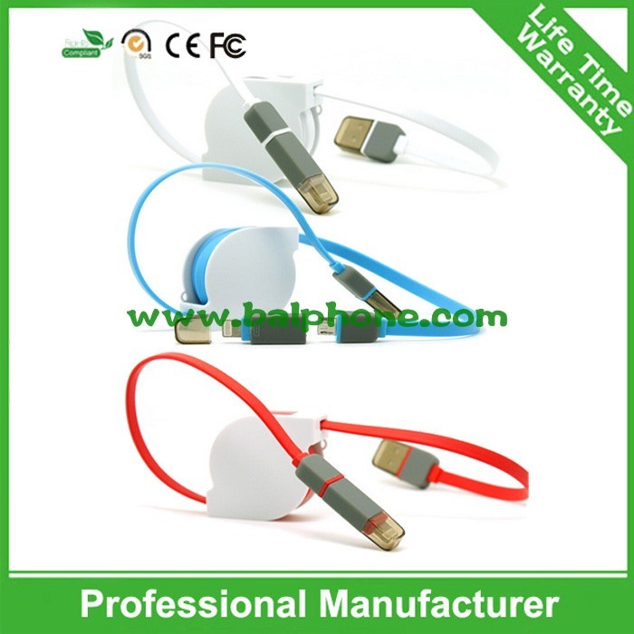 Quality Wholesale custom colorful 2 in 1 retractable 5pin micro usb cable for sale