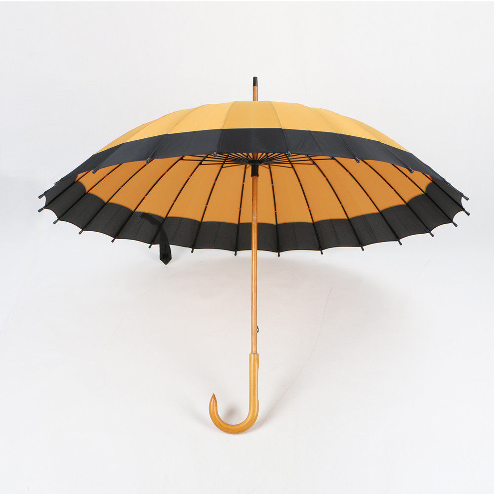 Ladies Curved Handle Umbrella With Wood Pole And Handle Orange And Black Canopy