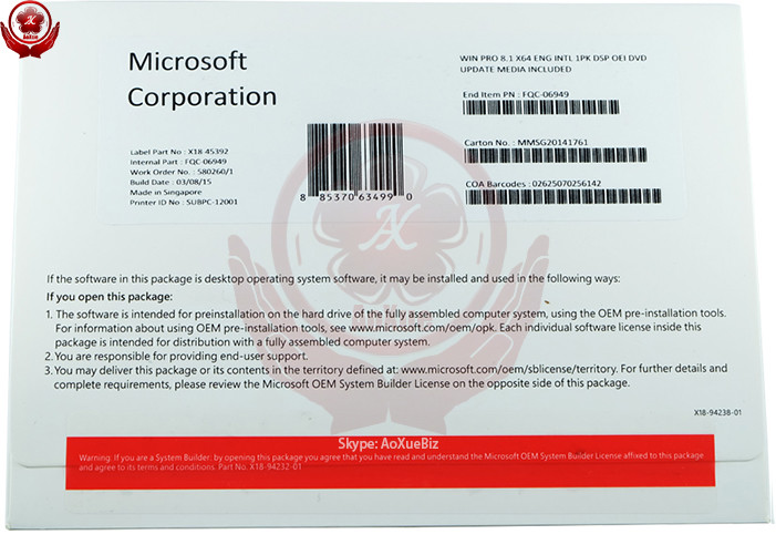 Microsoft Windows 8.1 Operating System Professional 32/64 bit DVD medium OEM key