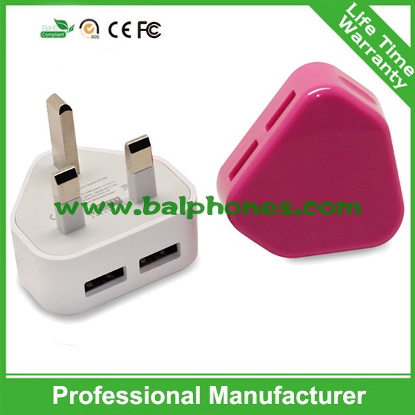 Quality Multifunction 3pin UK plug usb 5V 2.1A double wall charger for sale