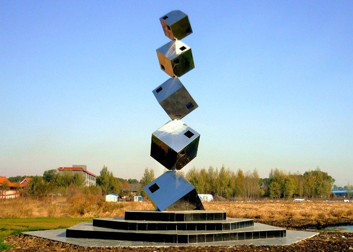 Quality Polished Large Garden Sculptures Metal , Cube Tower Stainless Steel Art Sculptures for sale