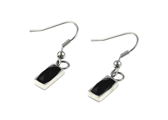 Flat Oblong Stainless Steel Drop Earrings With Jet Crystal Silver Plated
