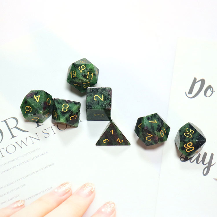 Natural Ruby Zoisite Gemstone Polyhedral Dice Set - Hand Carved DND Dice with Golden Paint Engraved Numbers