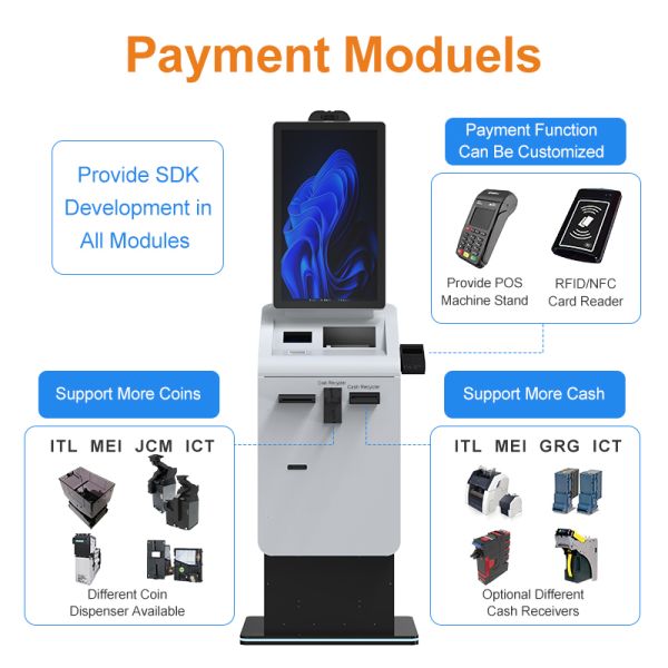 Self Service Card Reader Cash Payment Kiosk Terminal Android Touch Screen Currency Exchange Payment Kiosk with A4 Printer
