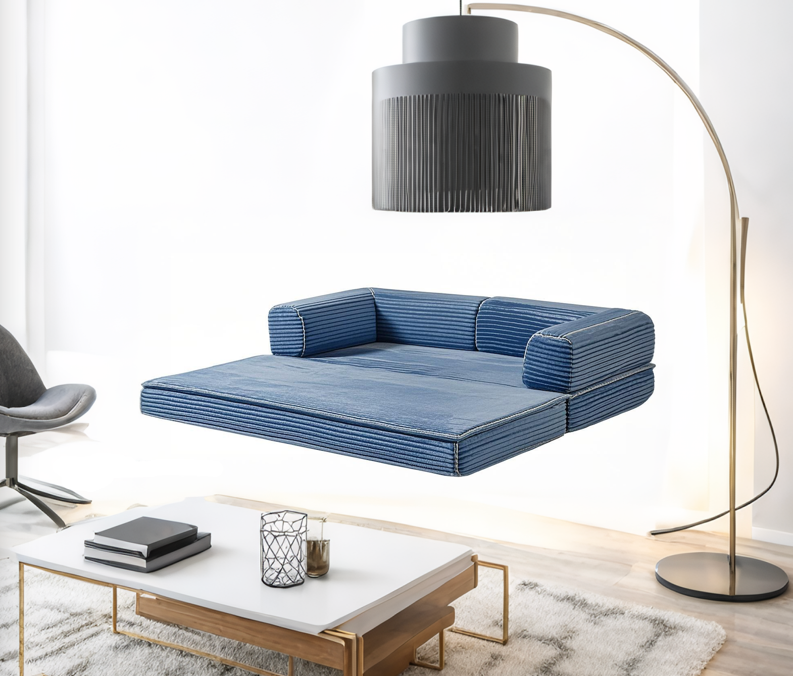 Blue Multi-Functional Fabric Sectional Sofa Set Comfortable Convertible Extendable Sponge Filled Foldout Bed for Living Room