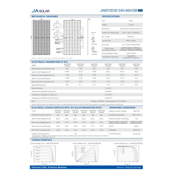 JAM72D30 GB 540-565w Half-cell Module Panel Array with QC4.10-351/MC4-EVO2A Connector