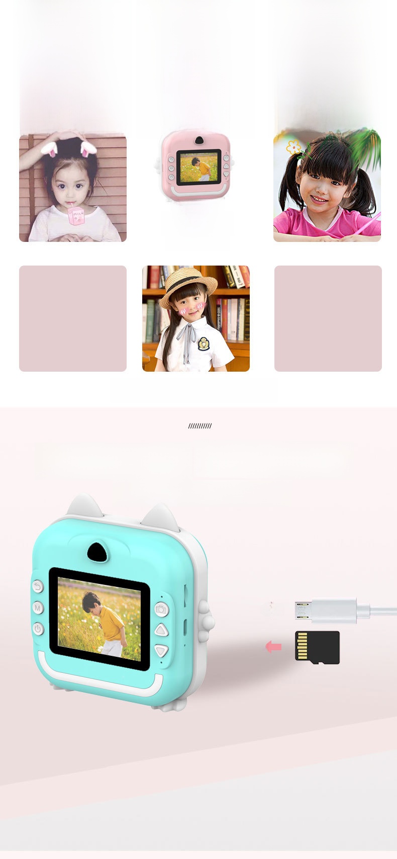 Instant Print Children's Digital Thermal Mini Camera with CMOS Sensor MicroSD Plastic 4K Video 2.4" Screen Dual Lenses
