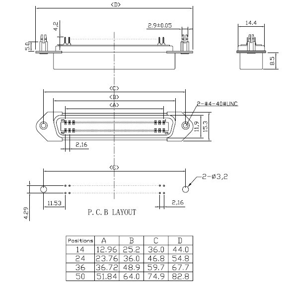PCB Straight 64 Pin Centronics Connector 32pairs Female Type with Nuts For PCB Board
