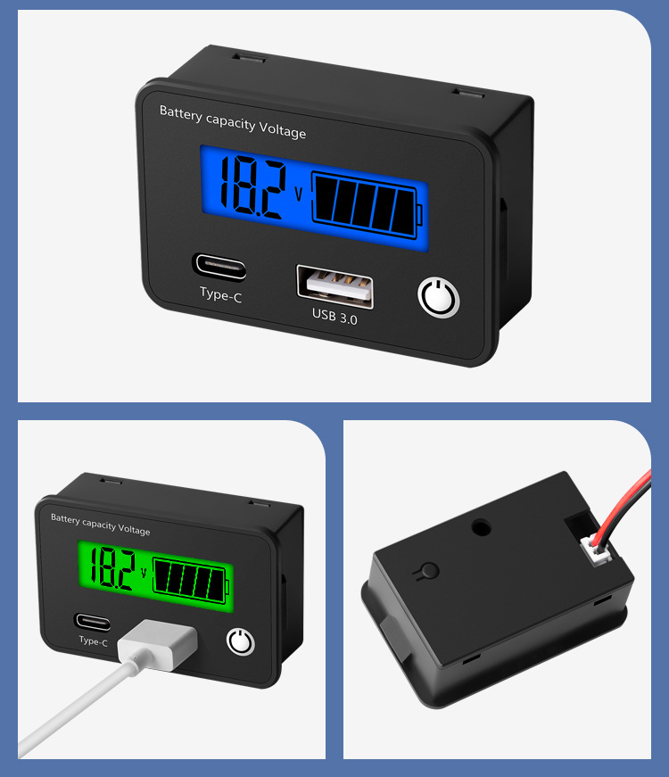 USB Fast Charge Type-C Battery Meter Display DC8-30V Voltage Meter Capacitor Capacity Meter