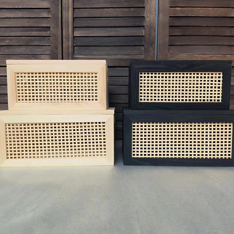 Vintage Solid Wood Desktop Storage Box Rectangle Rattan Storage Basket for Sundries Toys Books Family Cover