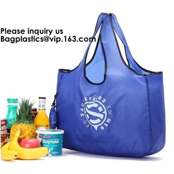 Printing Logo Polyester Handled Foldable Tote Bag With Snap Closure Foldable Bag Pocket Folding Nylon Shopping Bag