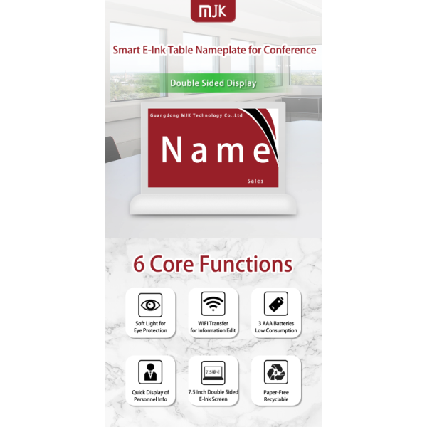 MJK 7.5 Inch Smart Wireless E-Ink Double Sided Table Card Nameplate for Conference Meetings Service Equipment