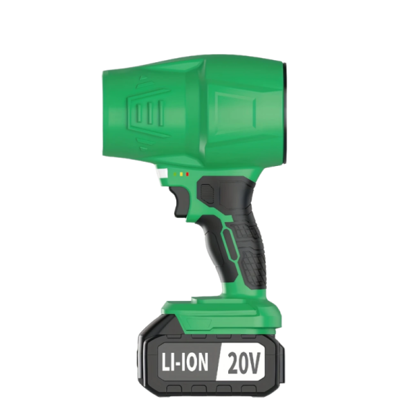 The 20V Cordless Mini Leaf Blower Features ABS+PC Material, Green Design, and a 4.0 Ah Battery Capacity.