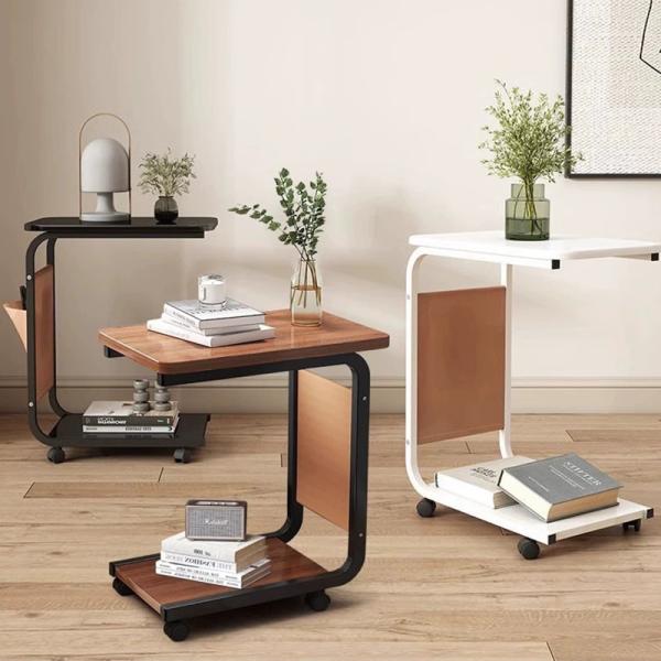 C Shape 2 Tiers Couch SideTable Small Modern Size Corner Coffee Side Table with Wheels in Living Room Bedroom mesa de esquina