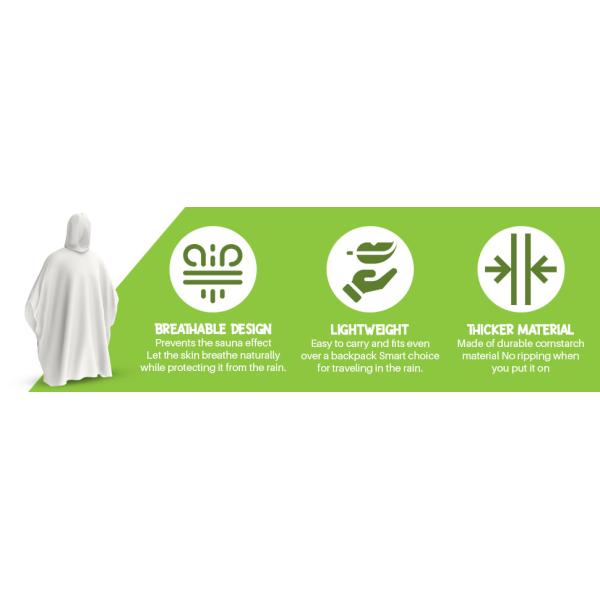 100% PLANT-BASED, Compostable, Biodegradable, Cornstarch, Recyclable, Recycled Rain Ponchos with hood adults
