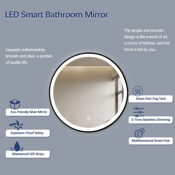 Minimalist Black Circular LED Framed Mirror Decorative Large Backlit Vanity Mirrors