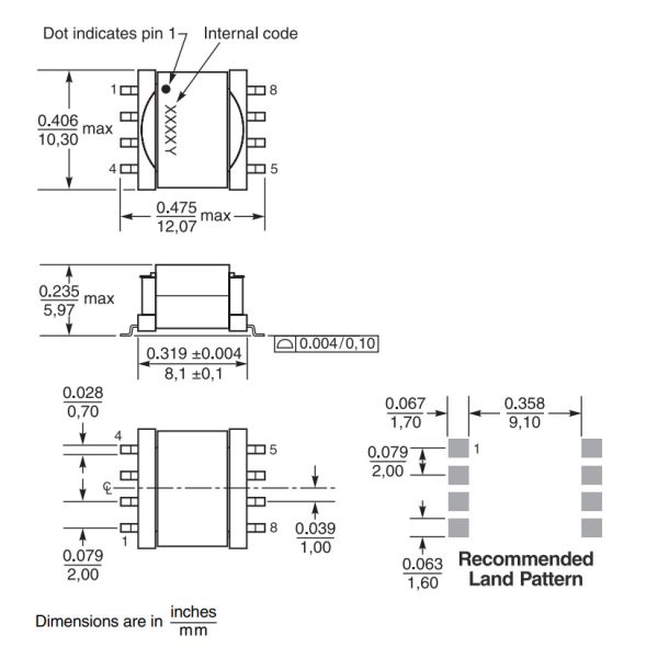 Push Pull Flyback Transformer with 475uH Inductance, 1500 Vrms Isolation, and -40°C to +125°C Operating Temperature