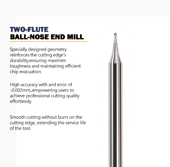 2-flute Tungsten Carbide Ball End Mill with Micro Diameter for 60° Angles in Steel and Aluminum